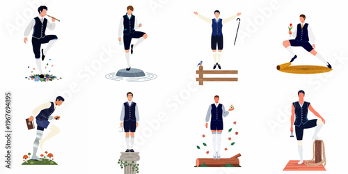 A collection of eight male figures in historical attire performing various actions and poses in a minimalist flat design style.