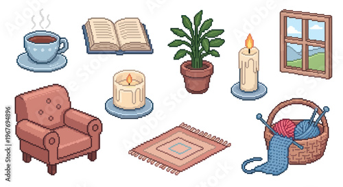 Cozy Home Isometric Pixel Art Icons: Coffee, Book, Chair, Plant, Candle, Rug, Yarn