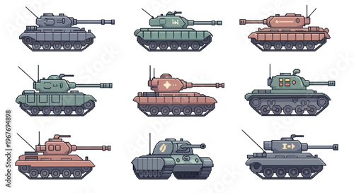 Flat Design Pixel Art Tanks Vector Illustration