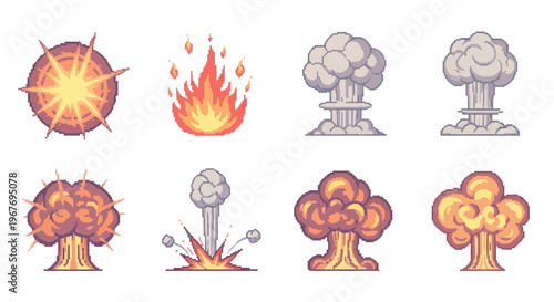 Pixel Art Explosions and Fire Icons Set