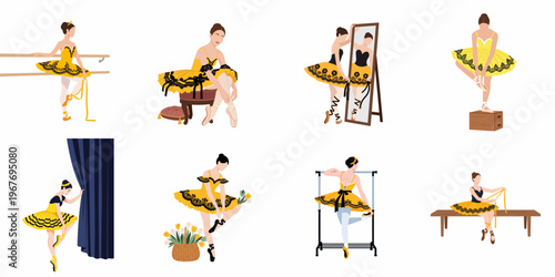 Set of Illustrations Featuring a Ballerina in a Yellow and Black Tutu Preparing for a Performance and Practicing Different Ballet Poses