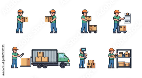 Pixel Art Delivery Workers with Boxes and Truck Icons