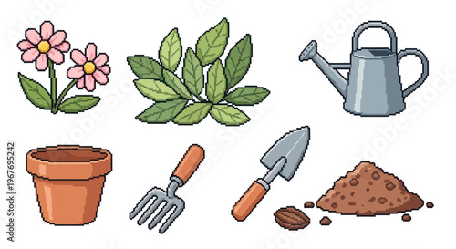 Pixel Art Gardening Tools and Plants Icon Set