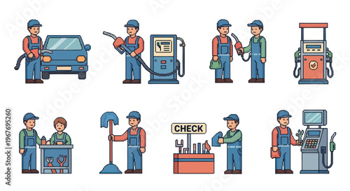 Flat Style Gas Station Workers and Equipment Icons Set