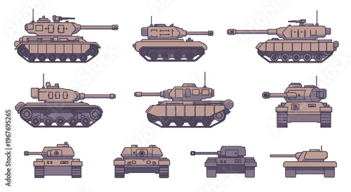 Pixel Art Tanks Icon Set - Military Vehicles Vector Asset