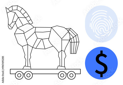 Cybersecurity, online fraud, hacking, malware, digital identity, online transactions. A geometric Trojan horse with a fingerprint and dollar symbol. Cybersecurity and online fraud concept