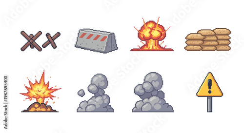 Pixel Art War Icons: Barbed Wire, Barrier, Explosions, Sandbags, Warning Sign