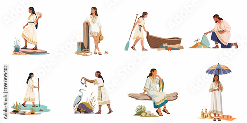 Set of flat vector illustrations depicting ethnic women in traditional tunics by the seashore, enjoying various coastal activities in a serene ancient style.