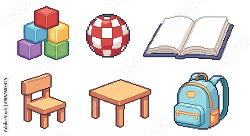 Pixel Art School Supplies and Furniture Icons Vector