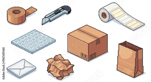 Isometric pixel art packaging and shipping supplies set cardboard box tape knife envelope