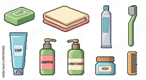 8-Bit Pixel Art Hygiene and Personal Care Bathroom Essentials Set