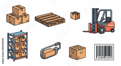 Isometric Pixel Art Style Logistics  Warehouse Icons Set: Boxes, Forklift, Pallets, Barcode