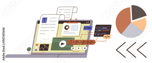 Web development, data analysis, programming, content creation, workflow management, multimedia design. A laptop displaying charts, code and multimedia elements. Web development and programming