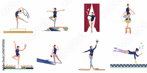 Set of flat vector illustrations featuring a female performer in various artistic and athletic poses, including ballet, gymnastics, and circus themes.