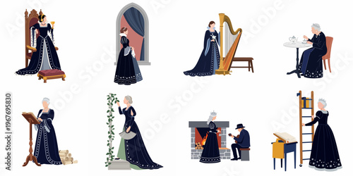 Set of flat vector illustrations featuring a queen in various royal activities, including sitting on a throne, playing harp, and reading.