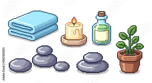 Pixel Art Isometric Spa Wellness Elements Icons Set for Relaxation and Self-Care