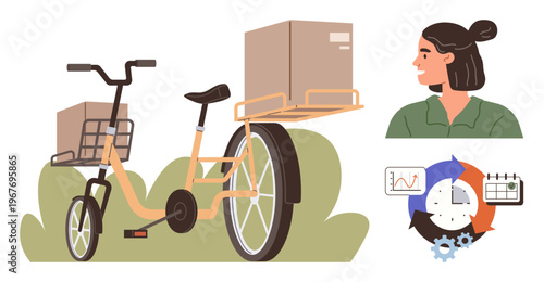 Logistics, delivery services, time management, eco-transport, shipping, business planning. Cargo bike with packages, woman s profile and process infographic. Delivery services and logistics concept