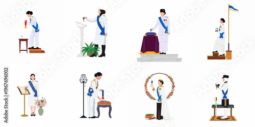Flat Vector Illustration Set of Diverse Women in Military and Royal Uniforms for Award Ceremonies and Official State Functions