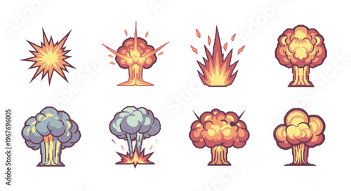 Action Gaming Pixel Art Style Explosion Effects Vector Set: Blasts, Fire, Smoke Icons