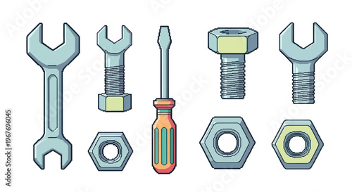 Flat Illustration of Engineering and Construction Hand Tools: Wrenches, Screwdriver, Bolts, and Nuts
