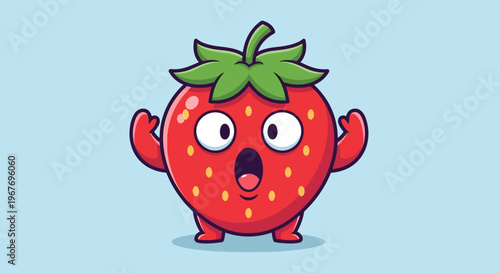 Surprised Strawberry Character with Wide Eyes and Open Mouth, Cartoon Style