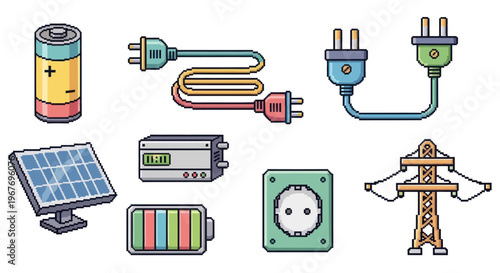Technology Pixel Art Electricity  Energy Icons Set: Battery, Solar Panel, Plug, Outlet, Pylon