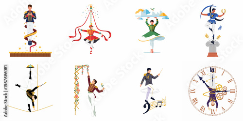 Creative Collection of Flat Vector Illustrations Featuring Male Ballet Dancers in Various Theatrical Costumes and Imaginative Surrealistic Scenarios