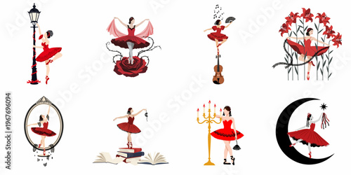 Collection of eight whimsical ballerina illustrations in red tutus, featuring themes of music, nature, literature, and celestial elements.