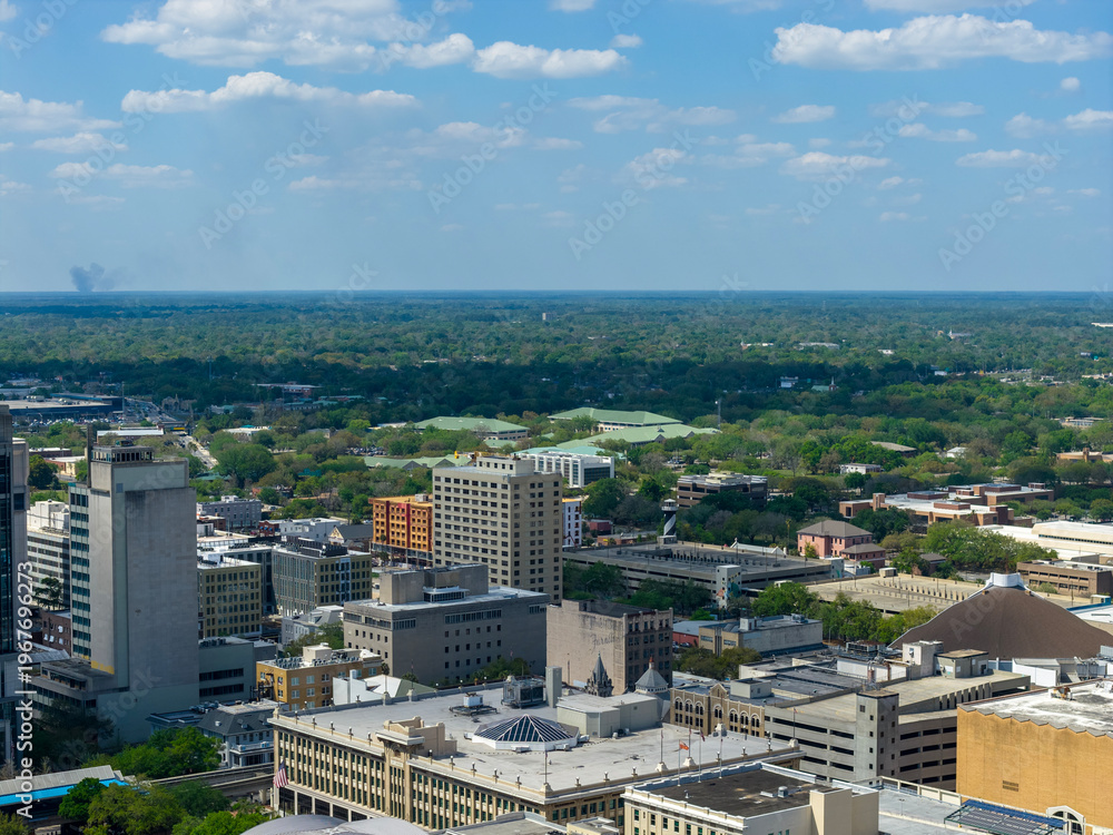 Obraz premium Aerial shot of skyscrapers and office buildings in the skyline in Jacksonville Florida USA