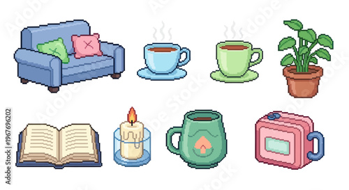 Pixel Art Cozy Home and Lifestyle Icons Set for Comfort and Relaxation