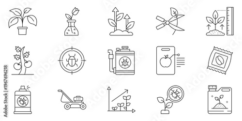 Set of agricultural and gardening icons representing cultivation, growth, pest control, and farming equipment