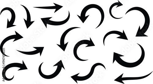 Black curved arrows set with bold smooth shapes in minimal style, perfect for navigation icons, directional signs, workflow diagrams, and modern infographic design elements