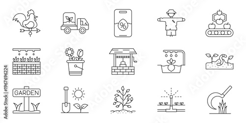 Set of farming and gardening icons, including irrigation, crops, and farm animals