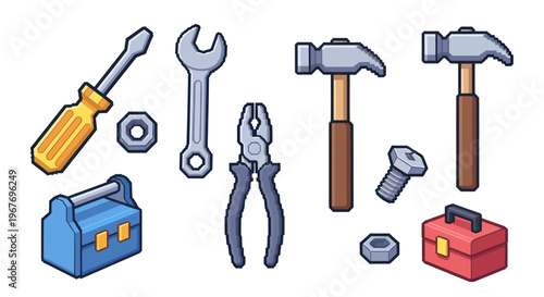 Pixel art tools: screwdriver, wrench, pliers, hammers, toolbox, nuts, bolt