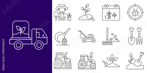 Essential Agriculture and Gardening Line Icons Collection for Farming, Plant Cultivation, and Horticultural Activities, Featuring Tools and Growth Symbols