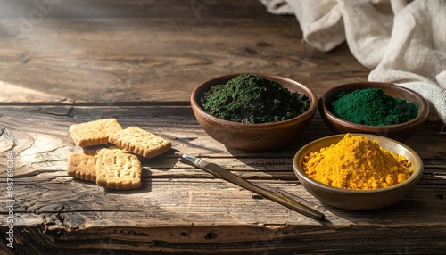 Superfood Powders and Healthy Snacks on Rustic Wooden Table.