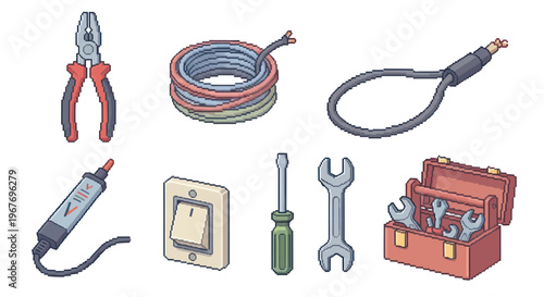 Isometric Pixel Art Electrical Tools and Repair Equipment Icons Set for Handyman Work
