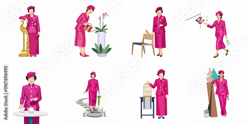 Collection of flat vector illustrations depicting an elegant senior woman in a vibrant pink suit engaging in various leisure activities and hobbies.