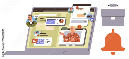 Remote work, video calls, team communication, productivity, technology, online meetings. A digital screen displays video conference interfaces and messaging. Remote work and video calls concept