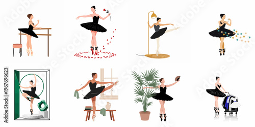 Collection of flat vector illustrations featuring a ballerina in a black tutu performing various dance poses and activities in diverse scenes.