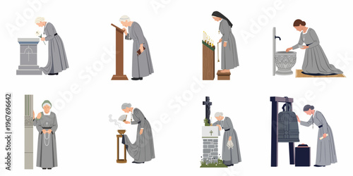 Set of Eight Illustrations Featuring Nuns Engaged in Various Religious Rituals, Devotion, and Daily Convent Life Activities Isolated on a White Background.