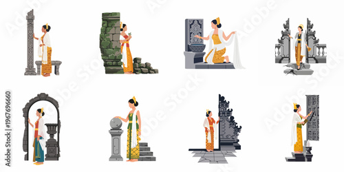 Set of Illustrations Featuring Balinese Women in Traditional Dress Posing at Ancient Temple Ruins and Architectural Landmarks