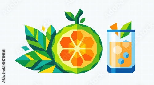 Fresh orange slice in geometric style beside yellow drink