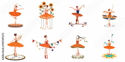 Collection of eight elegant ballerina illustrations in orange tutus, featuring various themes like sunflowers, clocks, mushrooms, and nature elements on a white background.
