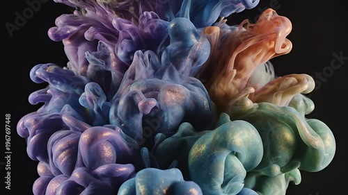 Colorful ink plumes expanding in water on a black background