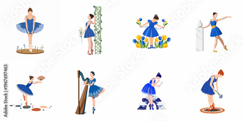 Collection of eight flat design illustrations of graceful ballerinas in blue dresses, performing in various artistic and floral-themed settings.