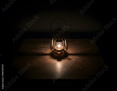 A vintage kerosene lantern glows warmly, casting dramatic light and shadow patterns on an old wooden table in a dark, atmospheric setting