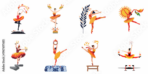 Flat vector illustration of female ballet dancers and fire performers in flame costumes using various props like torches and fans.