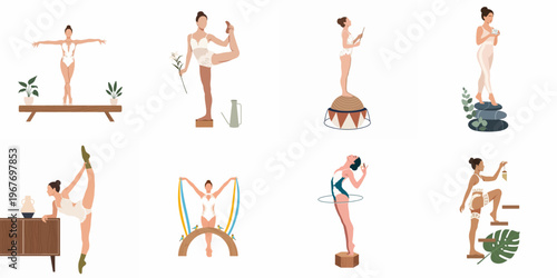 Collection of Minimalist Flat Illustrations Depicting Women in Elegant Yoga, Gymnastic, and Circus Poses Wearing White Bodysuits on a White Background
