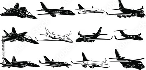 Black and white airplane silhouettes set, various aircraft including fighter jets and commercial planes, aviation transport illustration isolated on white background vector collection